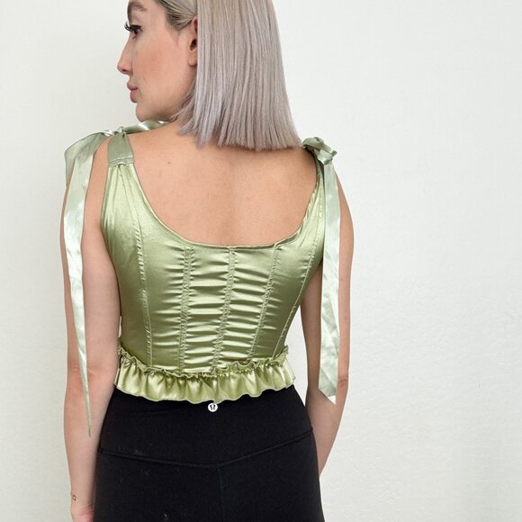 Lime Green Satin Tie Shoulder Lace Up Corset - Picture 2 of 9